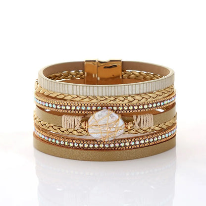 Retro Vacation Geometric Pu Leather Alloy Freshwater Pearl Braid Metal Button Women'S Bracelets