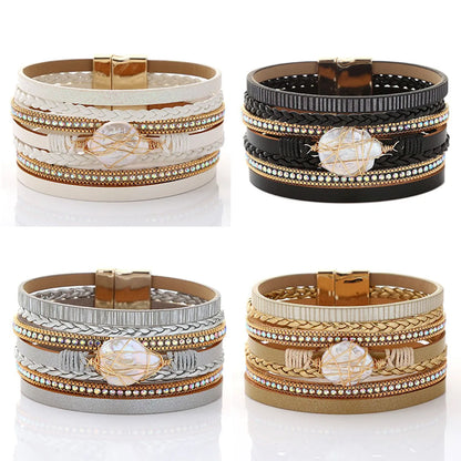 Retro Vacation Geometric Pu Leather Alloy Freshwater Pearl Braid Metal Button Women'S Bracelets