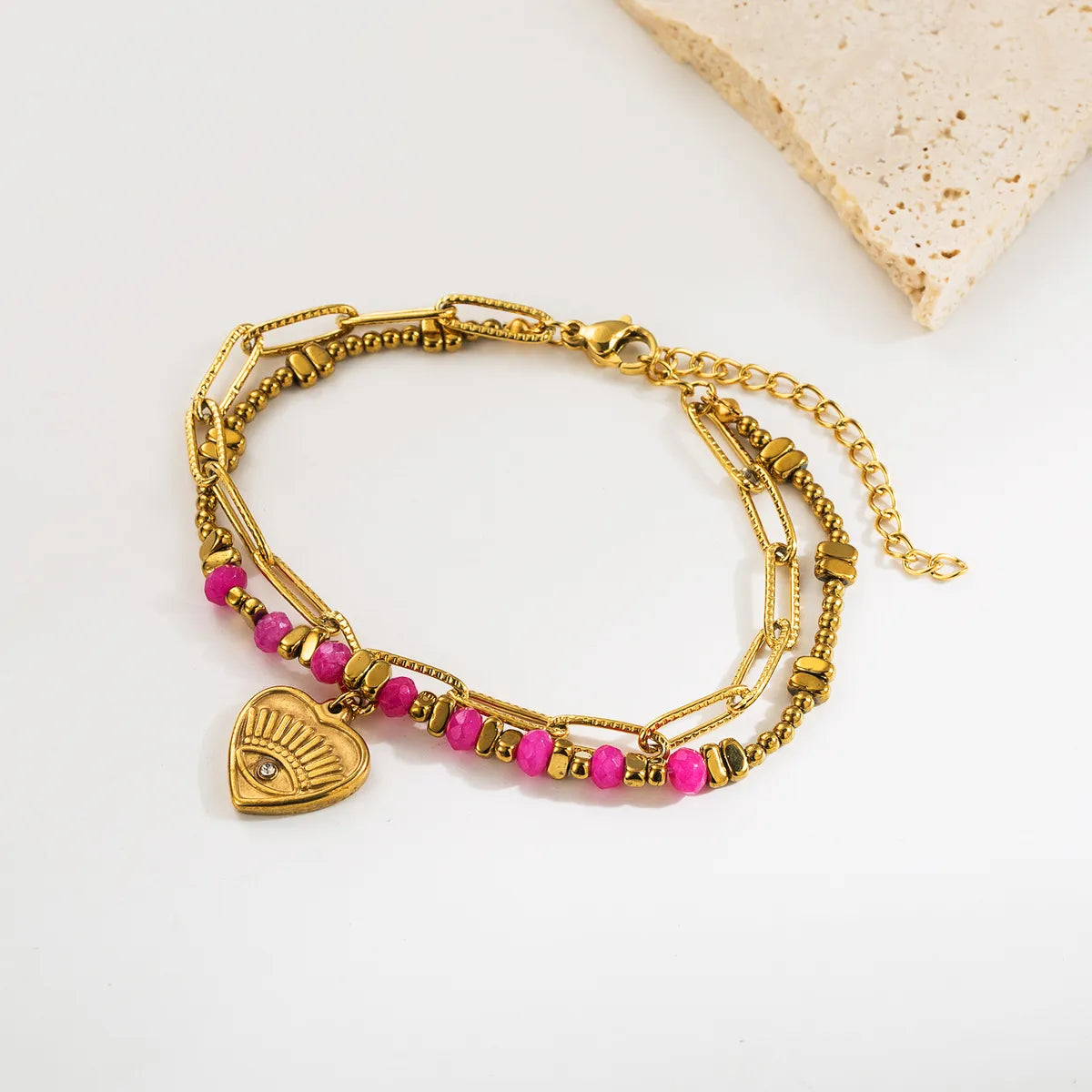 Retro Vacation Heart Shape Eye Stainless Steel Natural Stone Beaded Plating Inlay Zircon 18k Gold Plated Bracelets