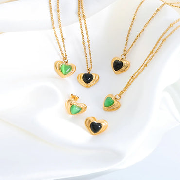 Wholesale Jewelry Retro Vacation Heart Shape Titanium Steel Opal Glass Stone 18K Gold Plated Plating Inlay Earrings Necklace