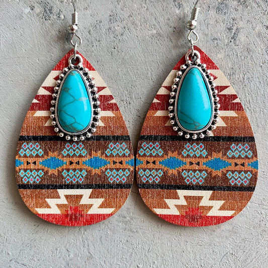 Retro Water Droplets Alloy Wood Inlay Turquoise Women's Drop Earrings 1 Pair