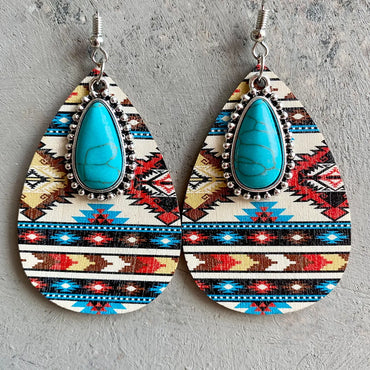 Retro Water Droplets Alloy Wood Inlay Turquoise Women's Drop Earrings 1 Pair