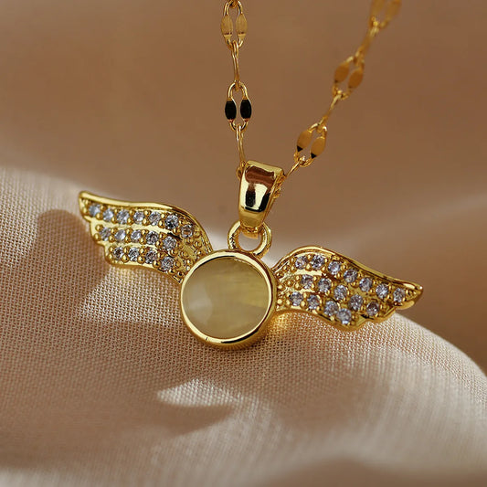 Retro Wings Titanium Steel Copper Plating Inlay Zircon Gold Plated Pendant Necklace