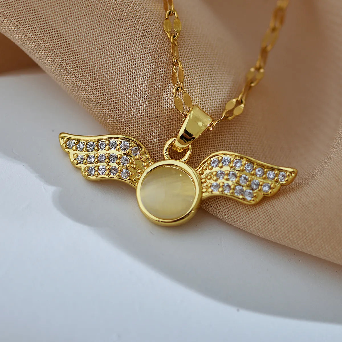 Retro Wings Titanium Steel Copper Plating Inlay Zircon Gold Plated Pendant Necklace