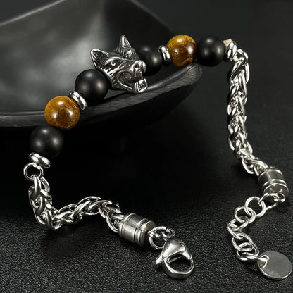 Retro Wolf Stainless Steel Beaded Men'S Bracelets