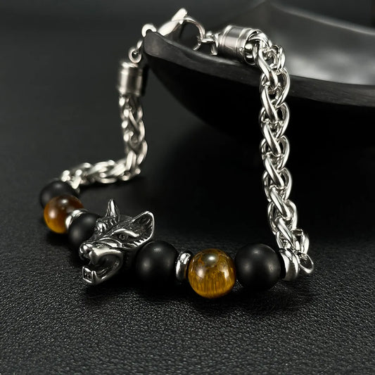 Retro Wolf Stainless Steel Beaded Men'S Bracelets