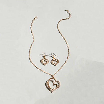 Rhinestone Double Heart Necklace And Earrings Set