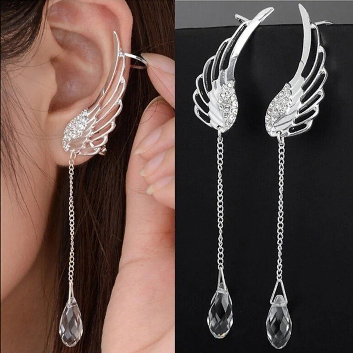 Rhinestone Tassel Crystal Water Drop Angel Wing Stud Earrings