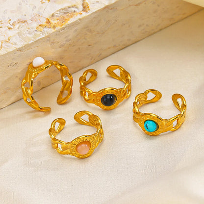 Roman Style Chains Print Stainless Steel Plating Inlay Turquoise Obsidian 18k Gold Plated Open Rings