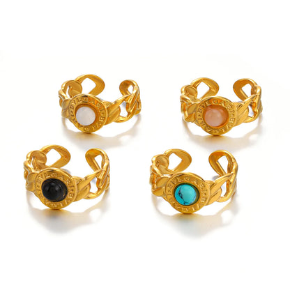 Roman Style Chains Print Stainless Steel Plating Inlay Turquoise Obsidian 18k Gold Plated Open Rings