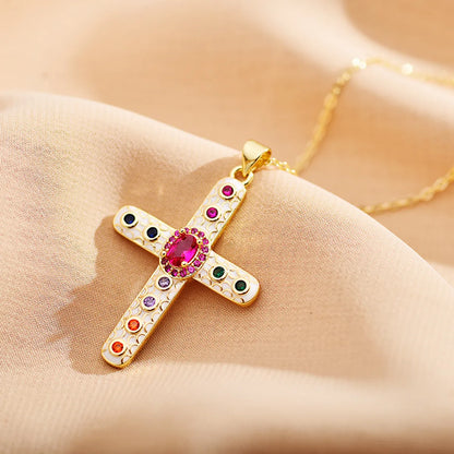 Roman Style Cross Steel Enamel Plating Inlay Zircon Pendant Necklace