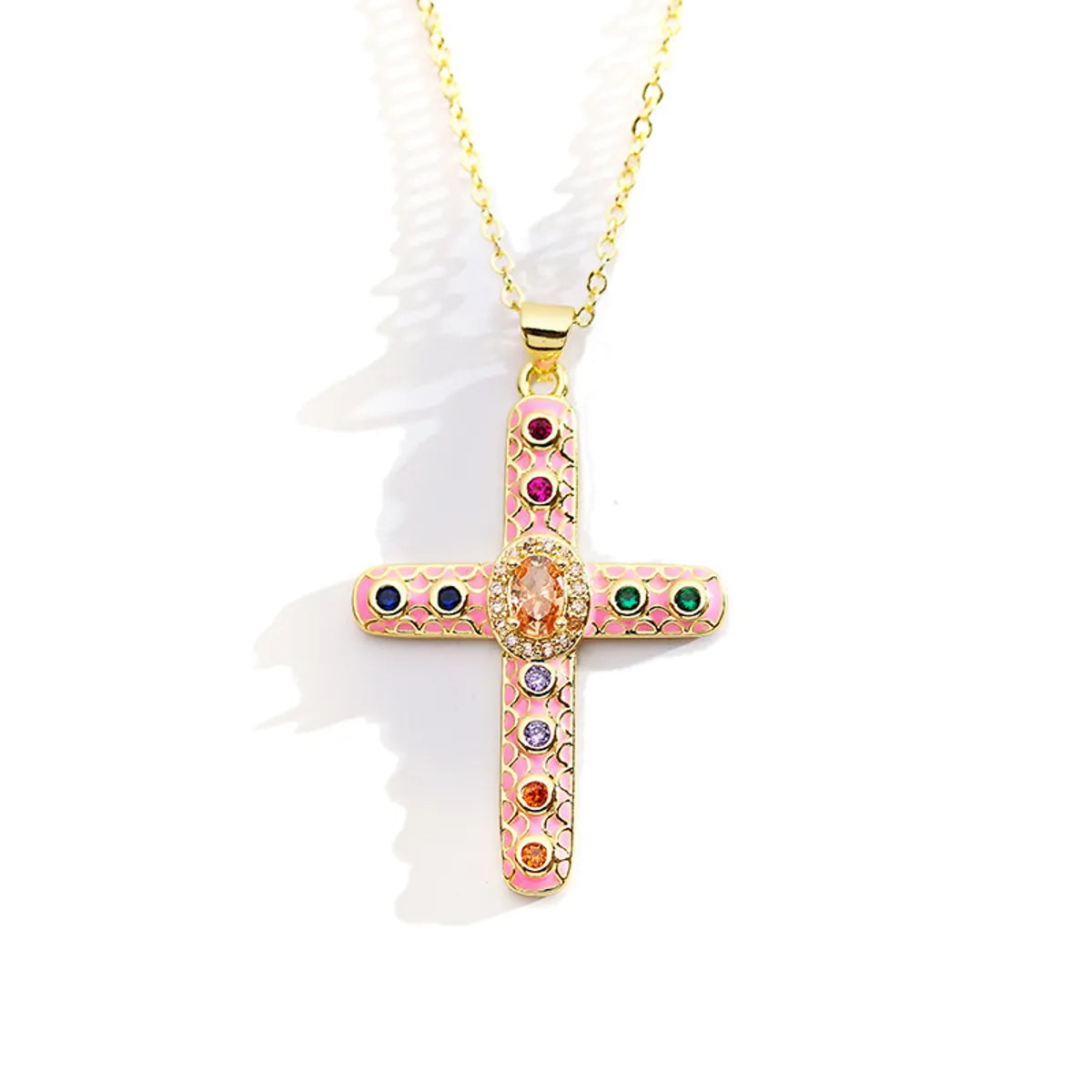 Roman Style Cross Steel Enamel Plating Inlay Zircon Pendant Necklace