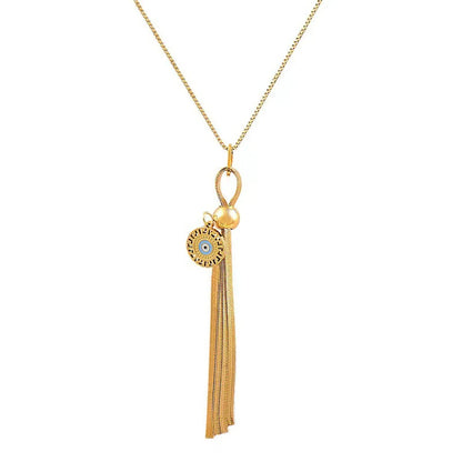 Roman Style Devil's Eye Tassel Titanium Steel 18k Gold Plated Artificial Diamond Pendant Necklace In Bulk