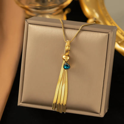 Roman Style Devil's Eye Tassel Titanium Steel 18k Gold Plated Artificial Diamond Pendant Necklace In Bulk