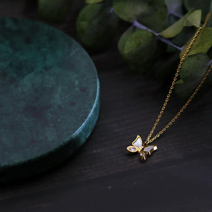 Romantic Classic Style Butterfly Titanium Steel Plating Inlay Shell 18k Gold Plated Pendant Necklace