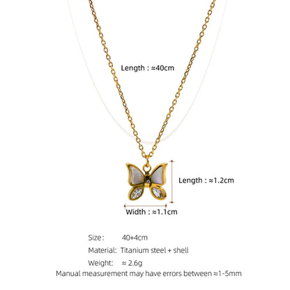 Romantic Classic Style Butterfly Titanium Steel Plating Inlay Shell 18k Gold Plated Pendant Necklace