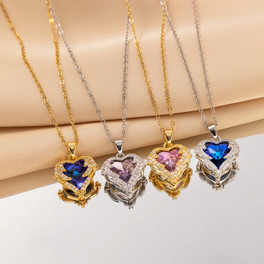 Romantic Heart Shape Titanium Steel Copper Plating Inlay Artificial Crystal Pendant Necklace