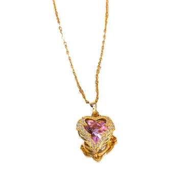 Romantic Heart Shape Titanium Steel Copper Plating Inlay Artificial Crystal Pendant Necklace