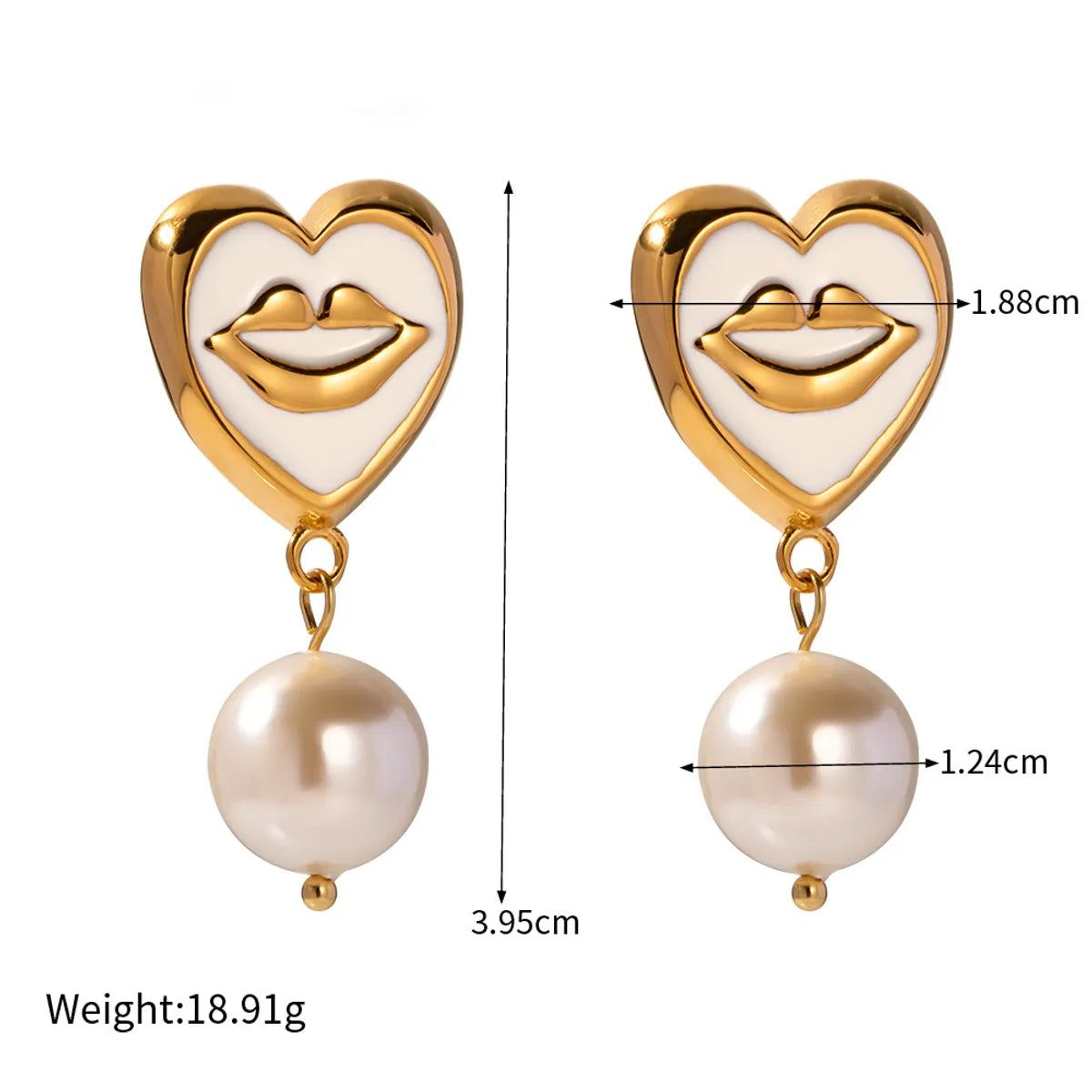 Romantic Lips Heart Shape Stainless Steel Enamel Plating Inlay Artificial Pearls 18k Gold Plated Earrings Necklace