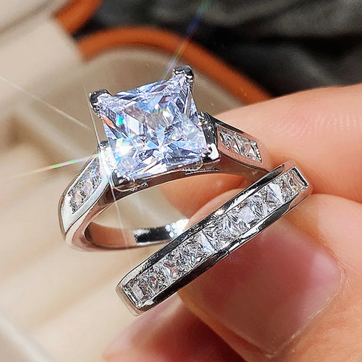 Romantic Modern Style Square Copper Inlay Zircon Rings