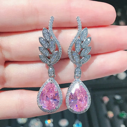 Internet Celebrity Live Hot Sale Light Luxury Romantic Argyle Pink Morgan Stone Stud Earrings Micro-inlaid Water Drop Pink Diamond Wings Earrings For Women