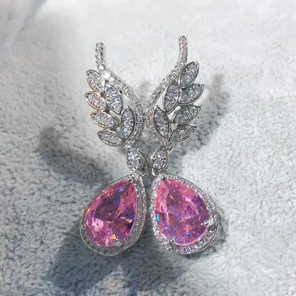 Internet Celebrity Live Hot Sale Light Luxury Romantic Argyle Pink Morgan Stone Stud Earrings Micro-inlaid Water Drop Pink Diamond Wings Earrings For Women