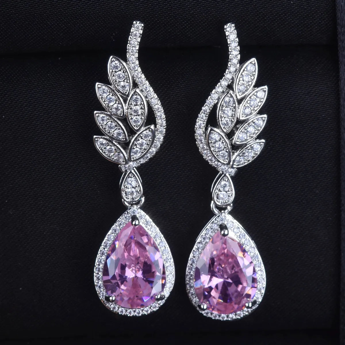 Internet Celebrity Live Hot Sale Light Luxury Romantic Argyle Pink Morgan Stone Stud Earrings Micro-inlaid Water Drop Pink Diamond Wings Earrings For Women