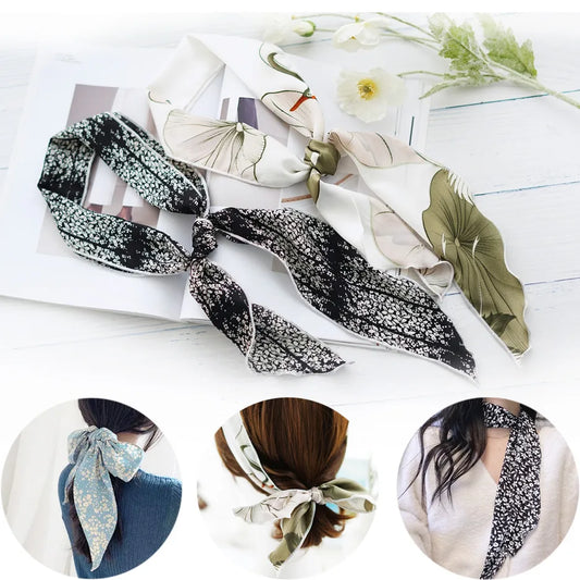 Romantic Print Narrow Long Silk Scarf Hair Tie