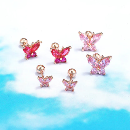 Romantic Red Butterfly Ear Bone Studs Pink Thread Ball Piercing Ear Studs