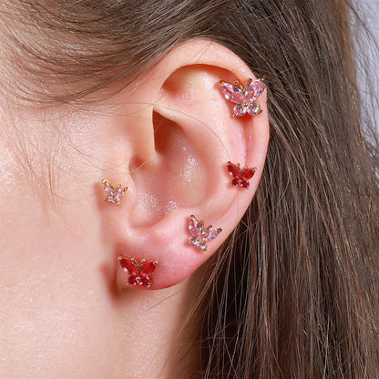 Romantic Red Butterfly Ear Bone Studs Pink Thread Ball Piercing Ear Studs