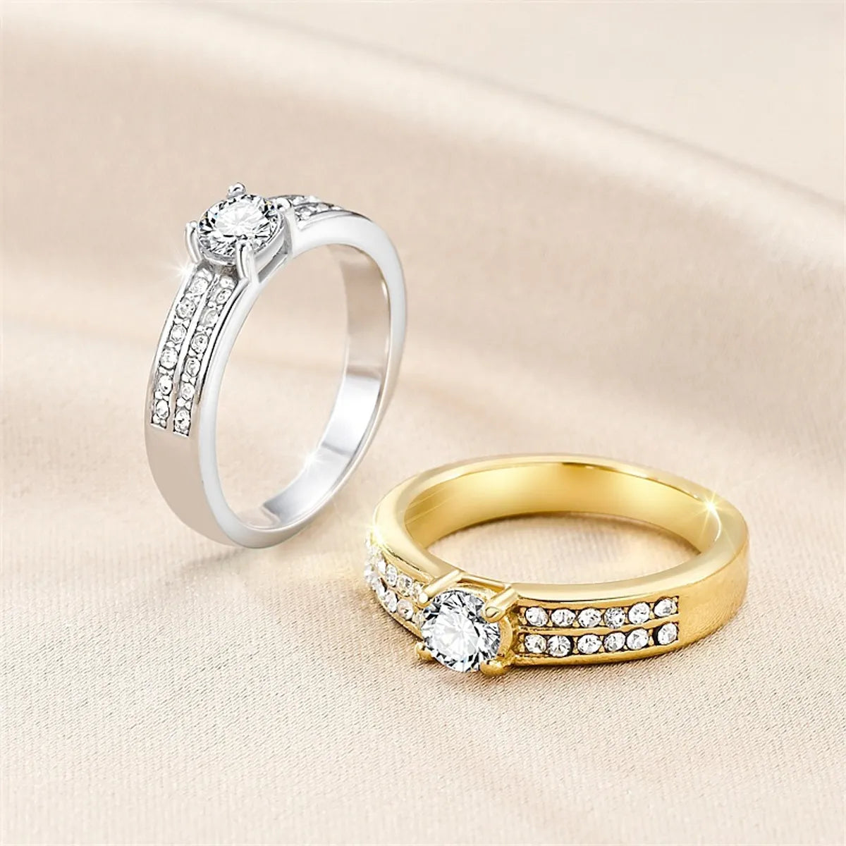 Wholesale Jewelry Romantic Shiny Round Titanium Steel Zircon 18K Gold Plated Polishing Plating Inlay Rings