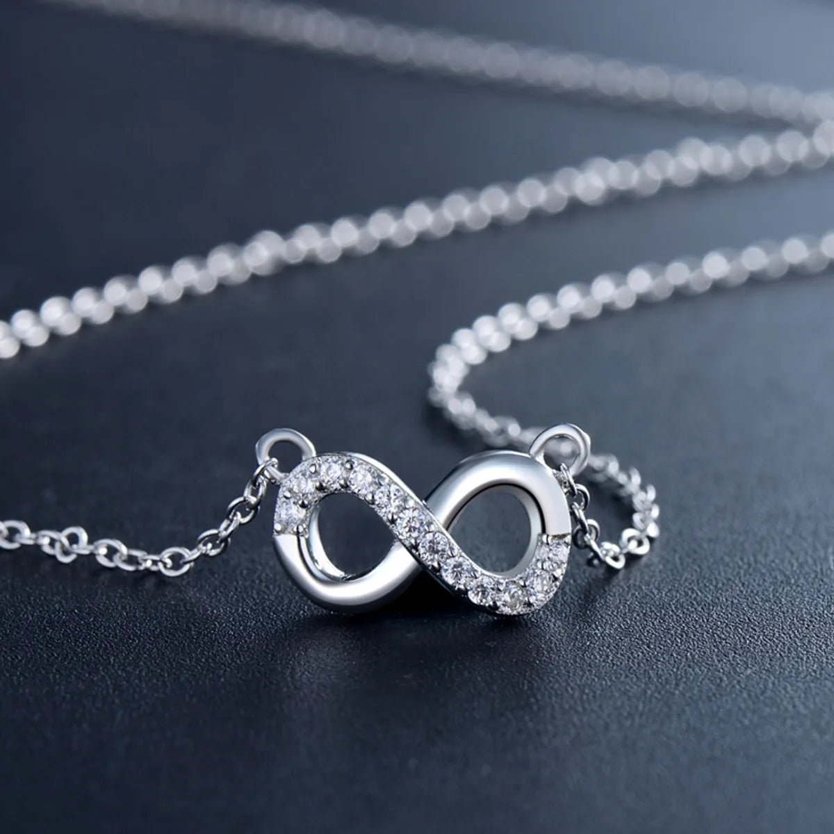 Romantic Simple Style Infinity Sterling Silver Plating Hollow Out Inlay Zircon Rhodium Plated Pendant Necklace