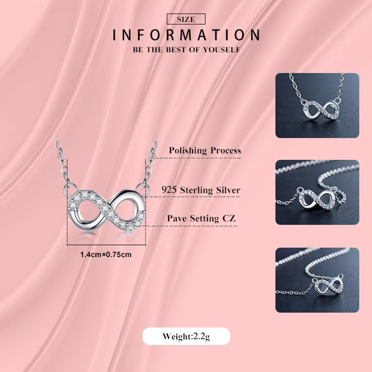 Romantic Simple Style Infinity Sterling Silver Plating Hollow Out Inlay Zircon Rhodium Plated Pendant Necklace