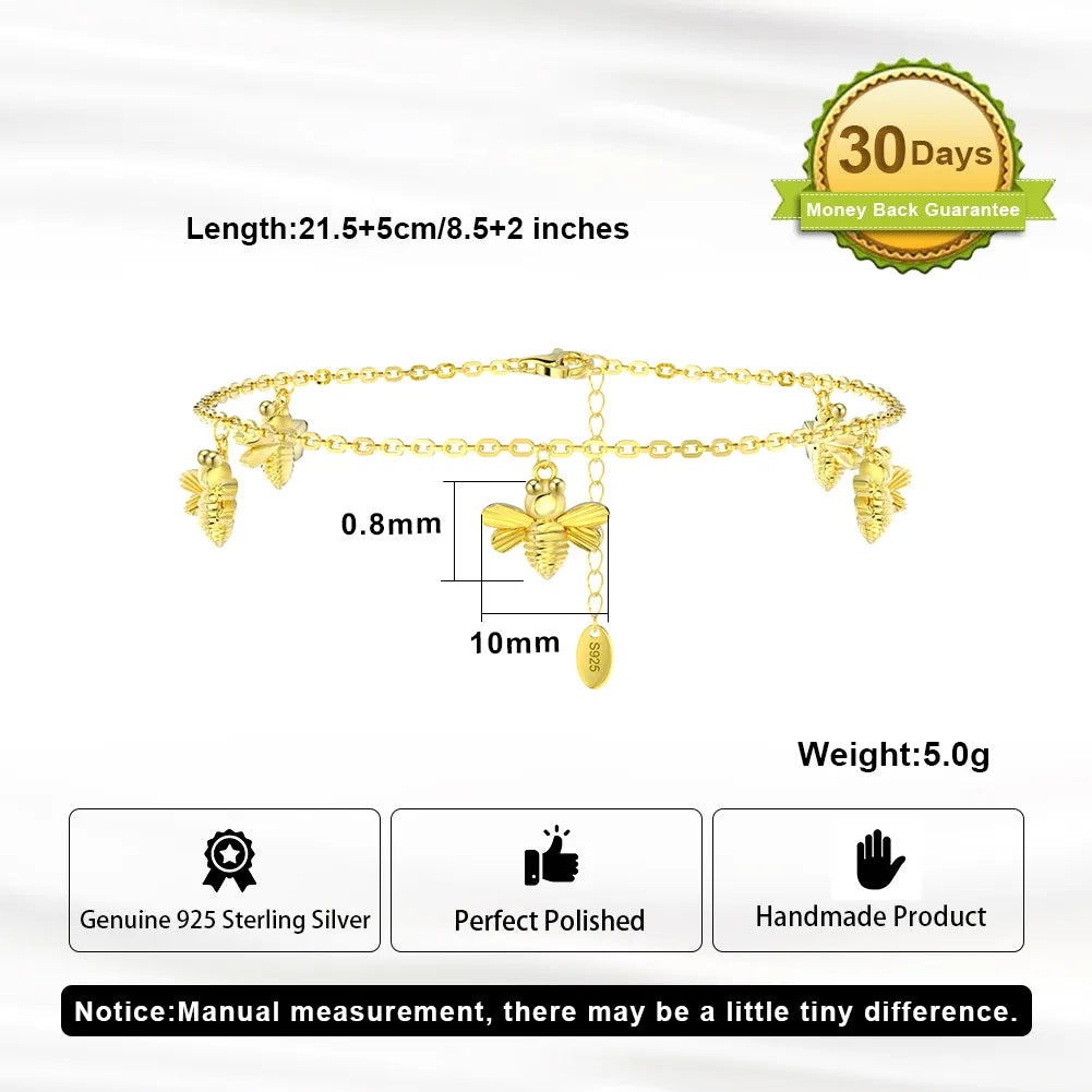 Romantic Simple Style Korean Style Insect Sterling Silver Polishing Chain Inlay Zircon 14k Gold Plated Rhodium Plated Silver Plated Valentine'S Day New Year Birthday Women'S Anklet