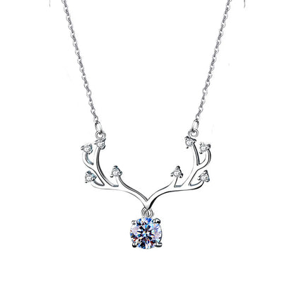 Romantic Sweet Deer Sterling Silver Gra Polishing Inlay Moissanite Pendant Necklace