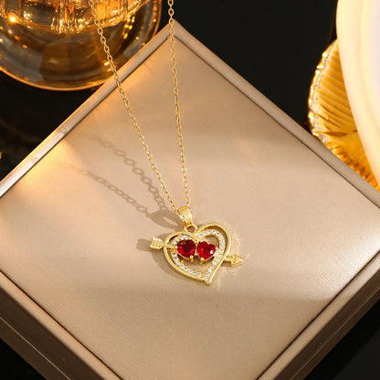 Romantic Sweet Geometric Heart Shape Titanium Steel Plating Inlay Rhinestones Zircon Gold Plated Pendant Necklace