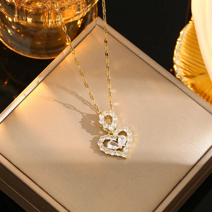 Romantic Sweet Geometric Heart Shape Titanium Steel Plating Inlay Rhinestones Zircon Gold Plated Pendant Necklace