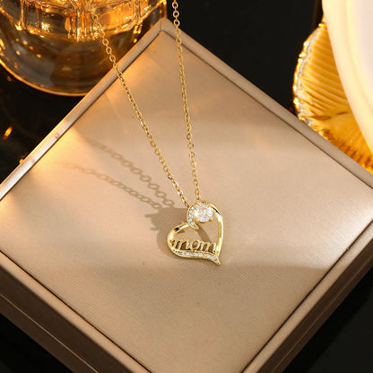 Romantic Sweet Geometric Heart Shape Titanium Steel Plating Inlay Rhinestones Zircon Gold Plated Pendant Necklace