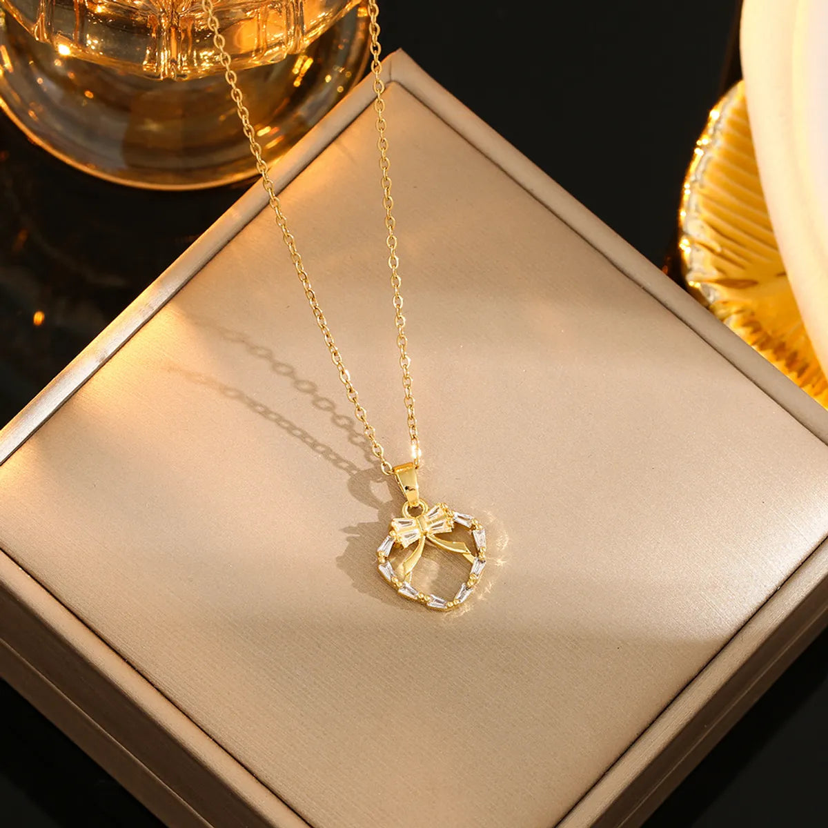 Romantic Sweet Geometric Heart Shape Titanium Steel Plating Inlay Rhinestones Zircon Gold Plated Pendant Necklace