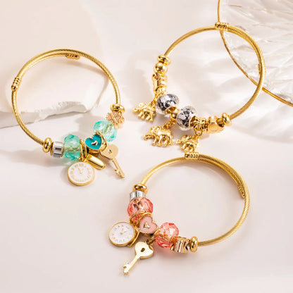 304 Stainless Steel Alloy Gold Plated Romantic Sweet Enamel Plating Inlay Heart Shape Key Rhinestones Beads Bangle