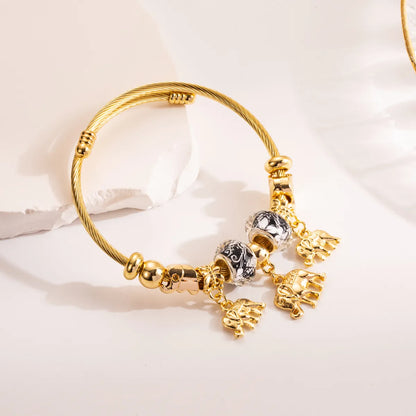 304 Stainless Steel Alloy Gold Plated Romantic Sweet Enamel Plating Inlay Heart Shape Key Rhinestones Beads Bangle