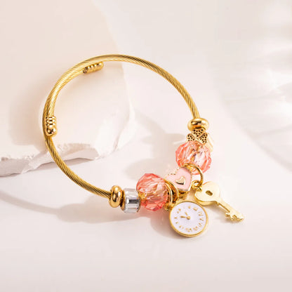 304 Stainless Steel Alloy Gold Plated Romantic Sweet Enamel Plating Inlay Heart Shape Key Rhinestones Beads Bangle