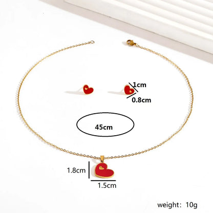 Romantic Sweet Heart Shape Stainless Steel Enamel Plating 18k Gold Plated Women's Earrings Necklace