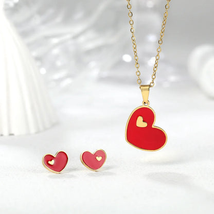 Romantic Sweet Heart Shape Stainless Steel Enamel Plating 18k Gold Plated Women's Earrings Necklace