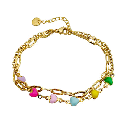 Romantic Sweet Heart Shape Stainless Steel Metal Layered Enamel Plating Gold Plated Women's Bracelets