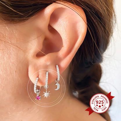 S925 Silver Needle Four Small Pendants Moon Star Cross Bead Hoop Set Earrings