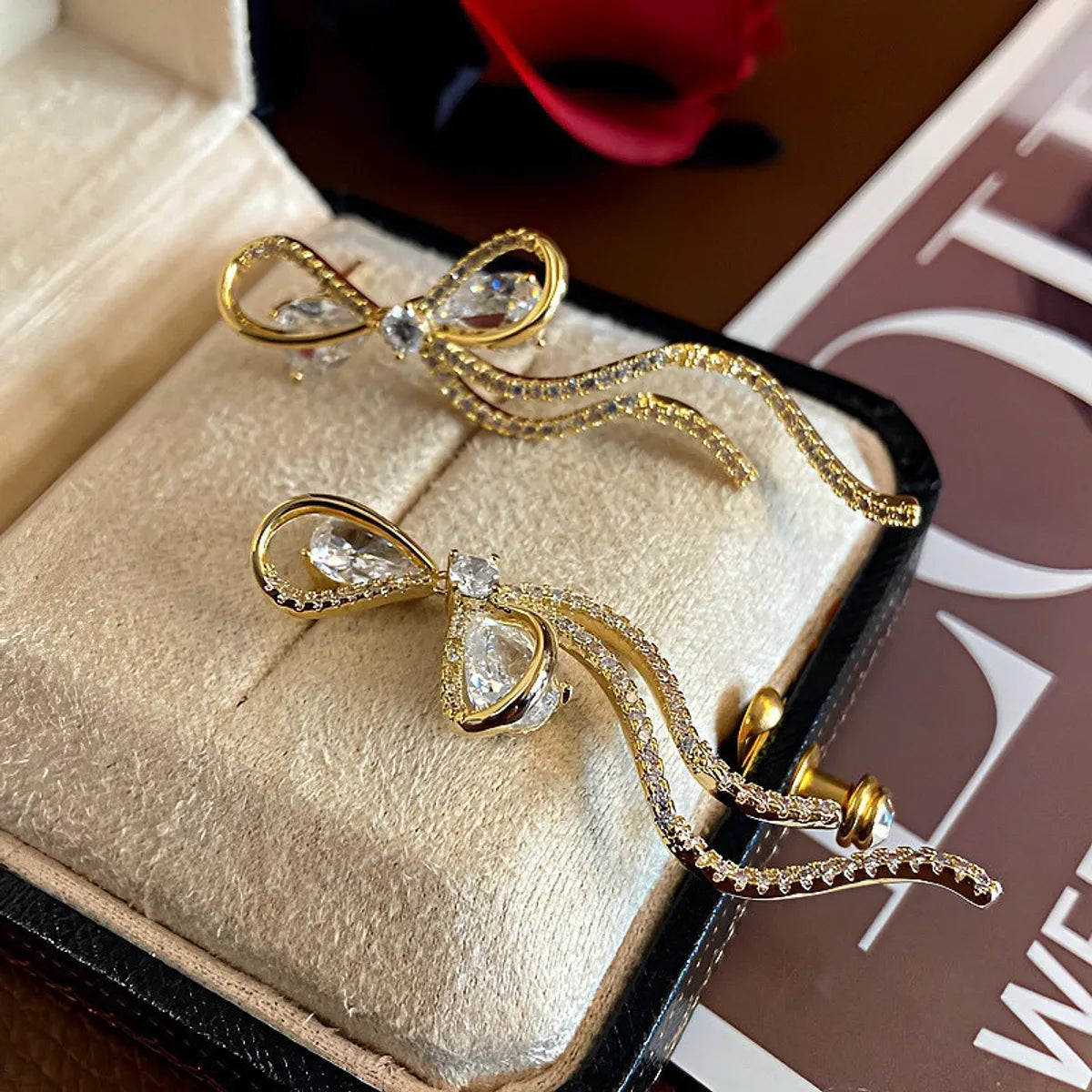 S925 Silver Needle Inlaid Zirconium Ribbon Bow Earrings Light Luxury Knot Personalized Zirconia Zirconia Earrings For Women