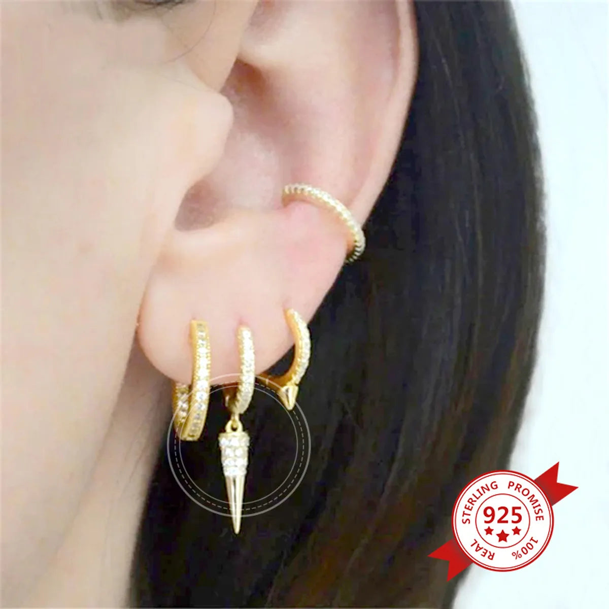 European And American Entry Lux Sterling Silver Needle Ins Geometric Cone Micro Inlaid Zircon French Style Ear Clip Fashionable Earrings Female