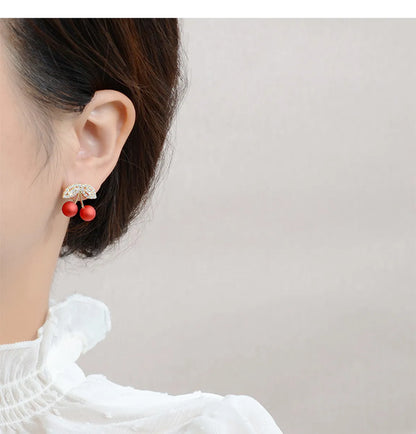 S925 Silver Needle Red Cherries Earrings