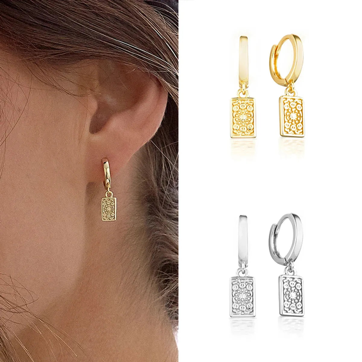 S925 Silver Needle Simple Retro Pattern Rectangular Ear Clip